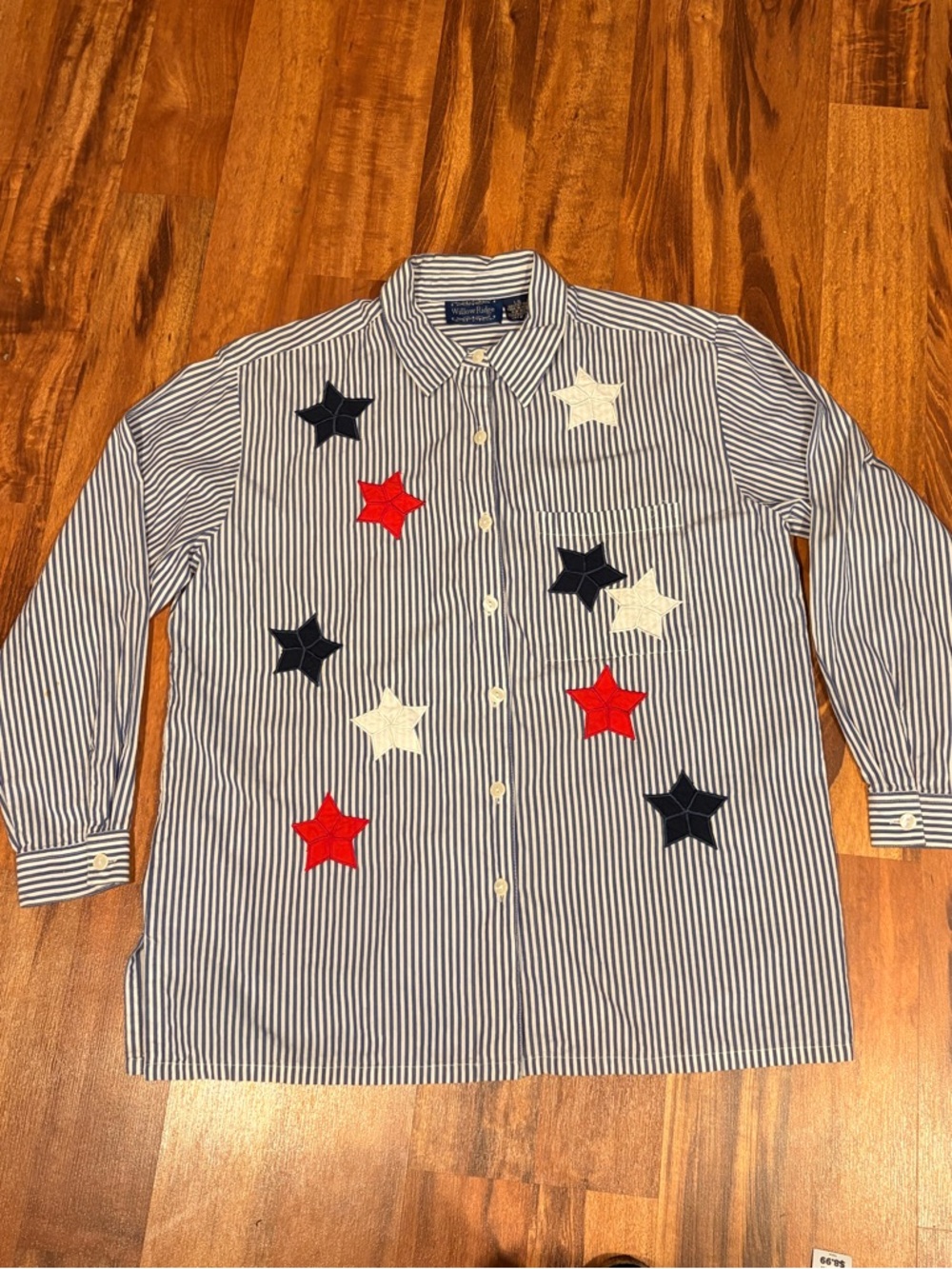 Cottagecore vintage blue/white striped Button-Up with Star Appliqués